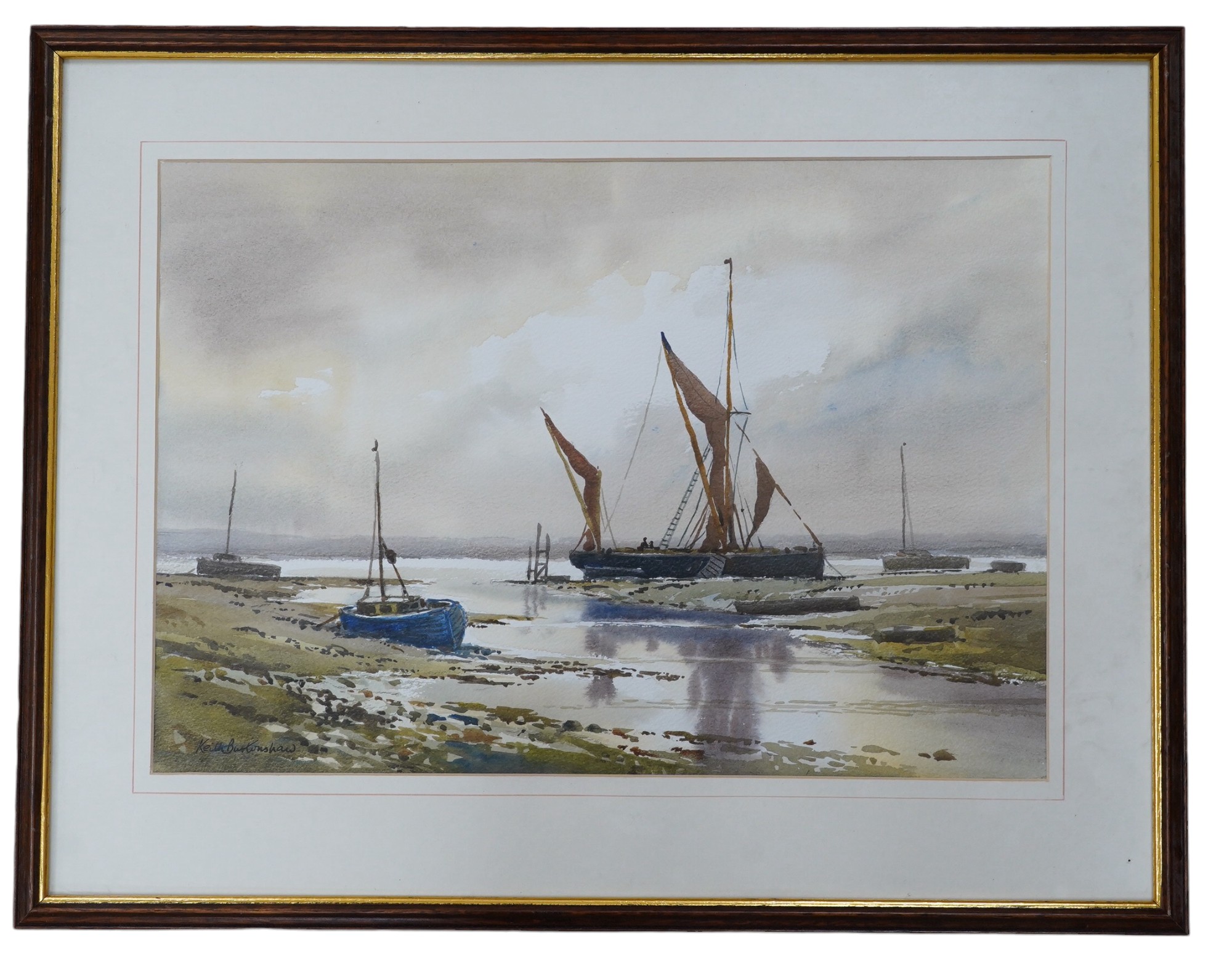 Keith Burtonshaw (1930-2008), watercolour, Estuary with fishing boats, 'Lowtide reflections', signed, 36 x 52cm. Condition - fair to good